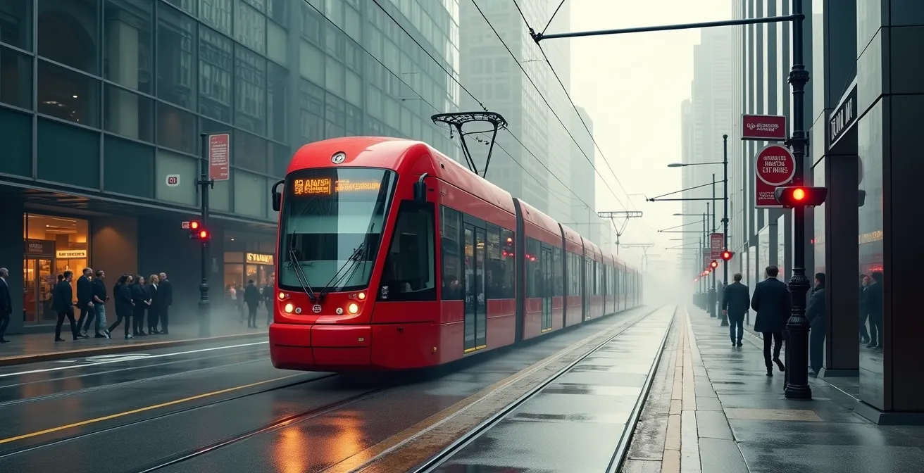 Modern TTC streetcar on King Street transit priority corridor during morning commute