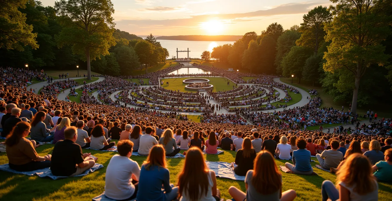 Families enjoying free outdoor concert at Toronto Music Garden during golden hour
