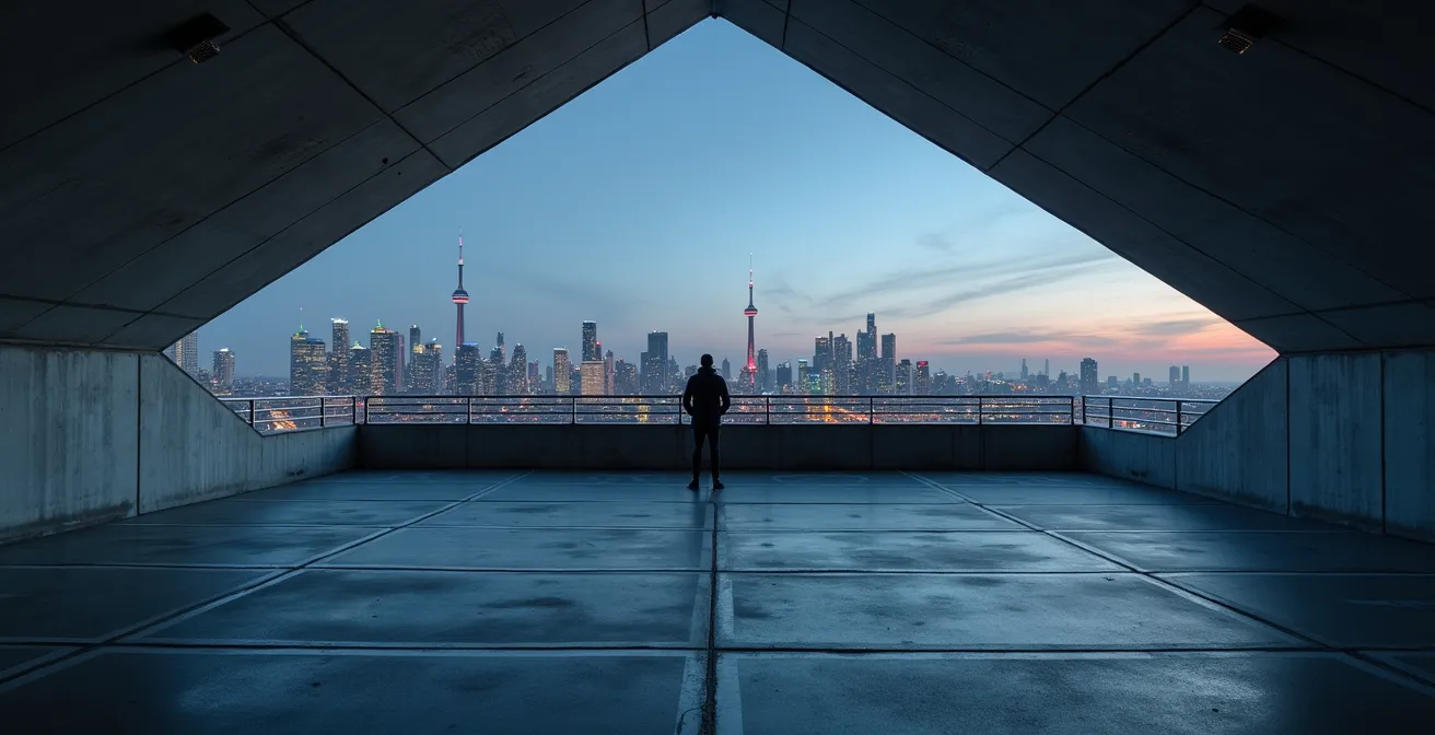 Dramatic angular view of Toronto skyline from concrete parking structure rooftop
