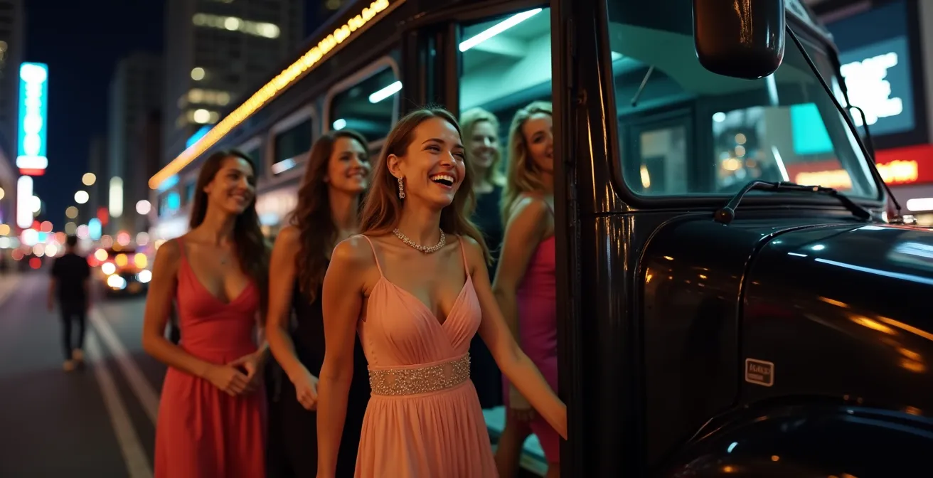 Luxury party bus parked outside King West nightclub with group boarding at night