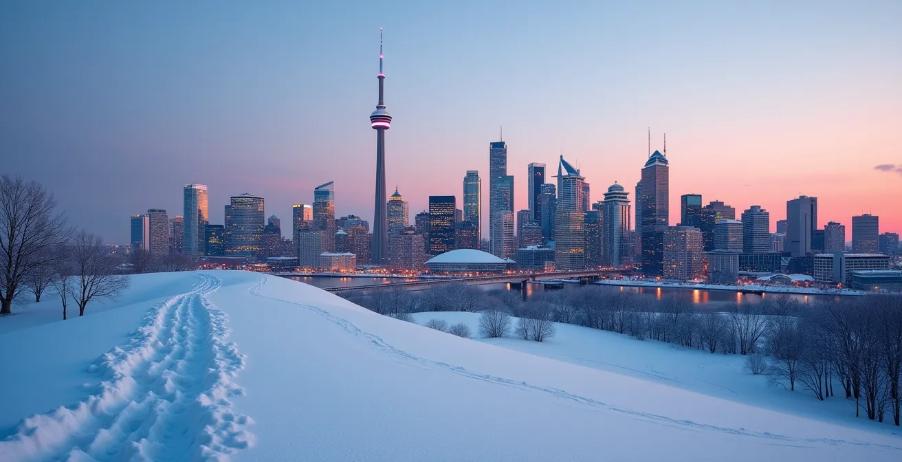 Wide view of Toronto skyline bathed in pink alpenglow as seen from snowy hilltop