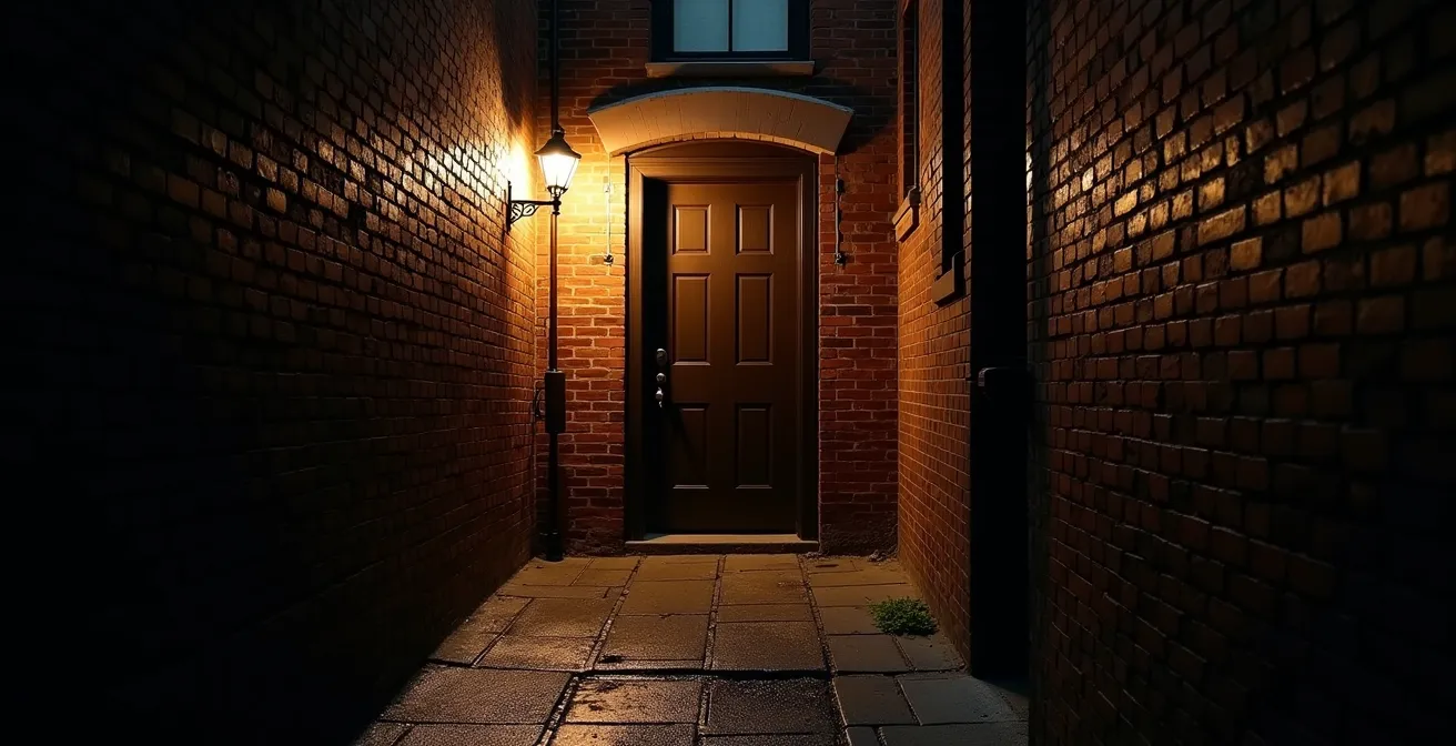 Mysterious alleyway entrance to Toronto speakeasy with atmospheric lighting