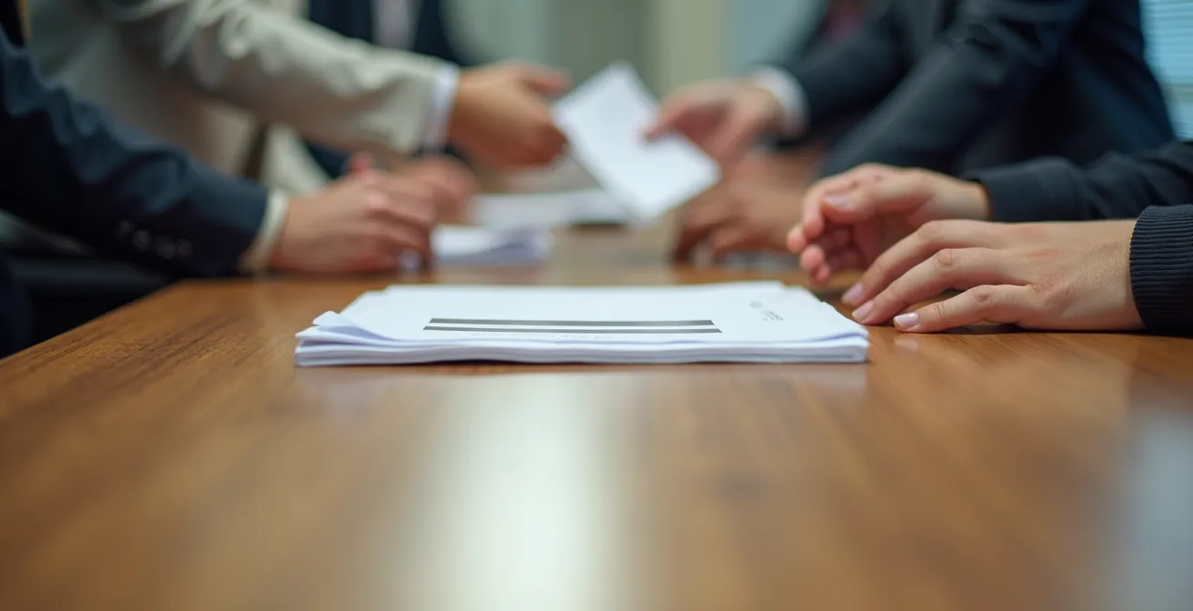 Close-up of hands exchanging documents in modern office setting