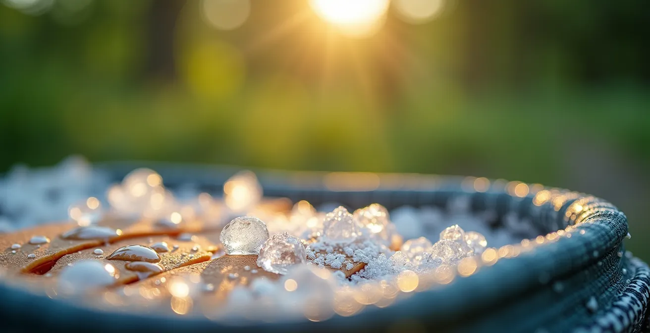 Close-up of picnic cooling essentials in summer heat