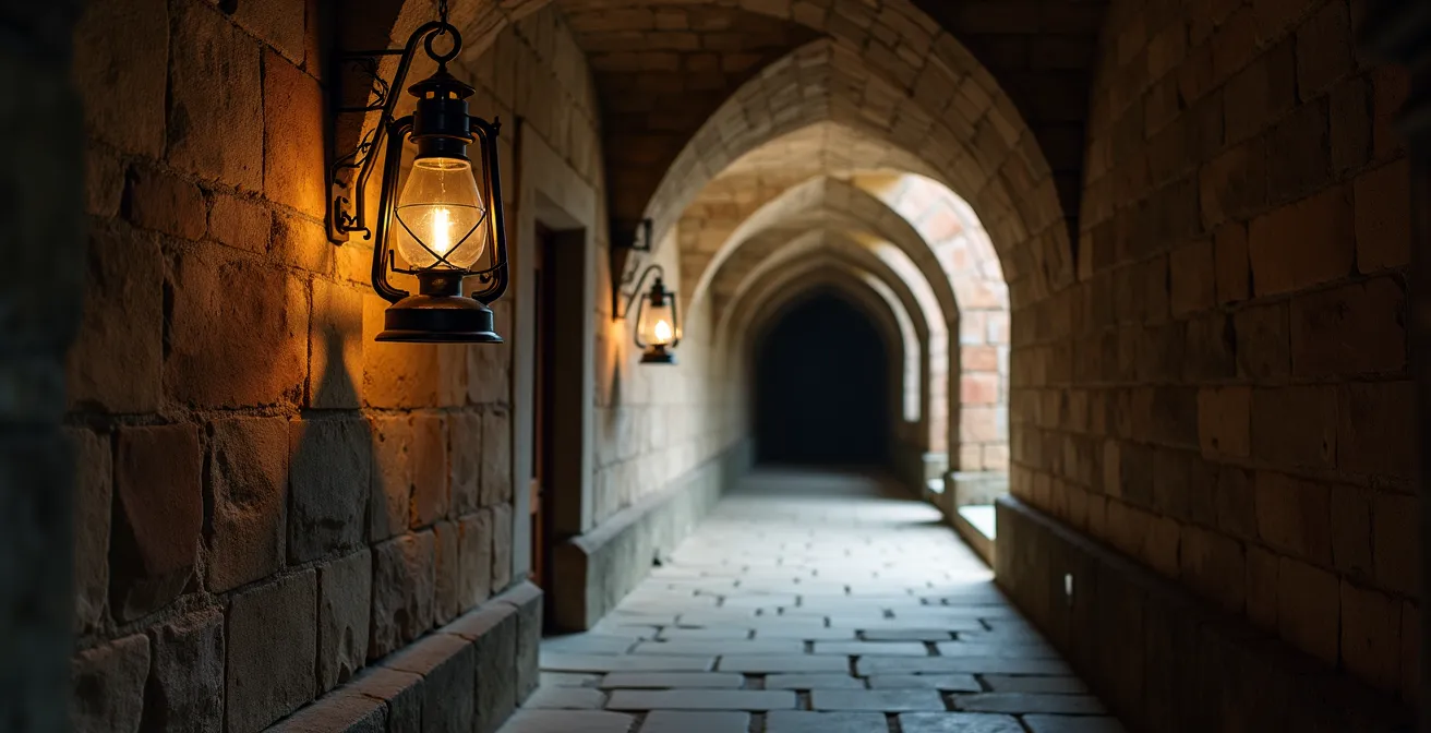 Mysterious stone tunnel with arched ceiling and dramatic shadow play