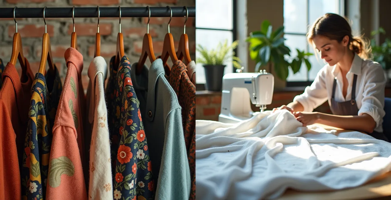 Split composition showing vintage clothing rack and Toronto designer sewing workshop