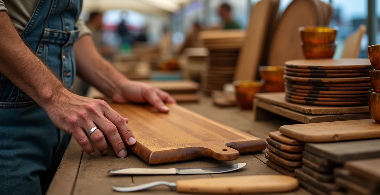 Antique wooden serving boards and vintage silverware displayed at Sunday market stall