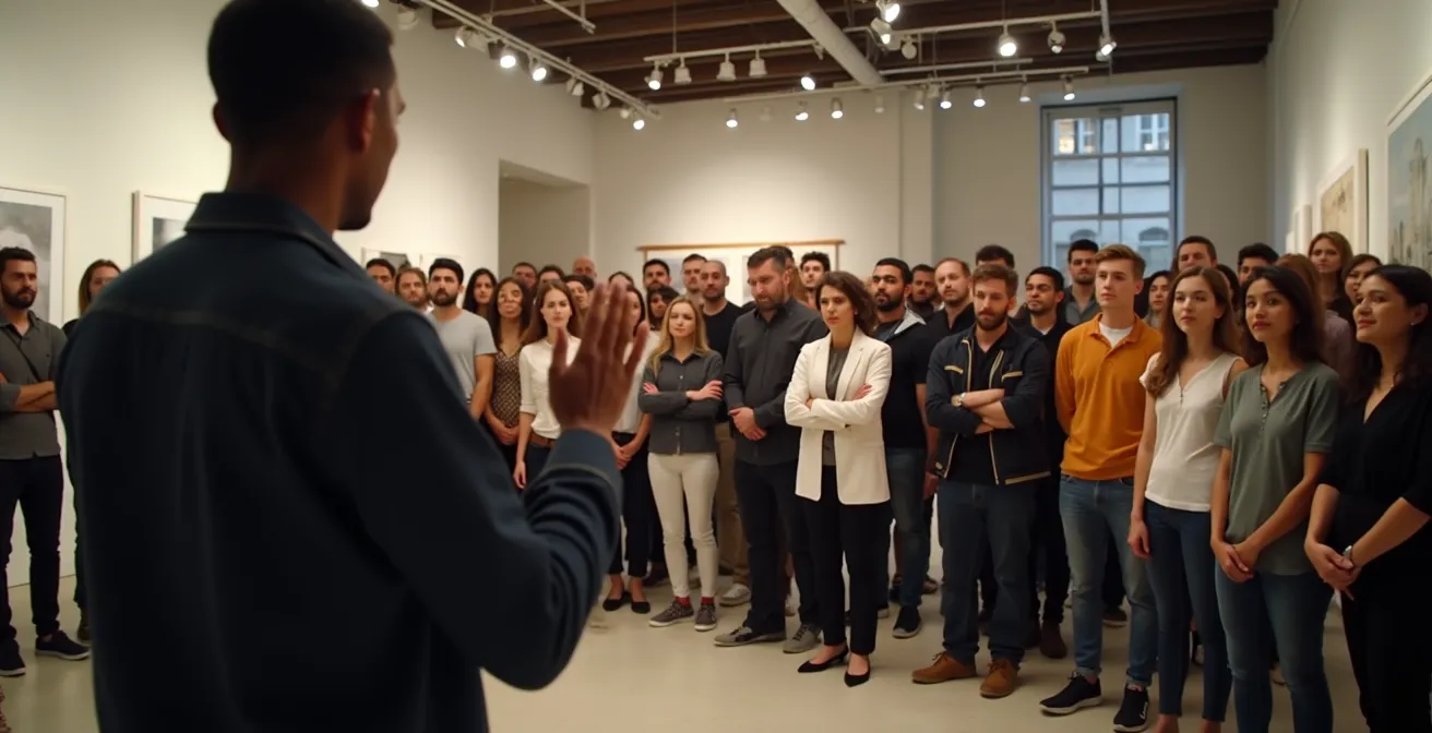 Gallery visitors maintaining respectful distance while watching a performance artist in an industrial contemporary art space