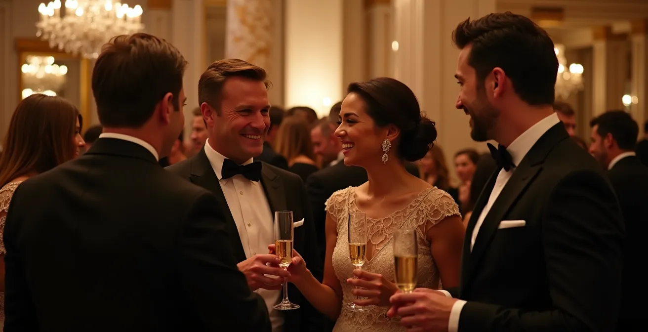 Elegant evening gala scene at a Yorkville luxury hotel with attendees in formal attire